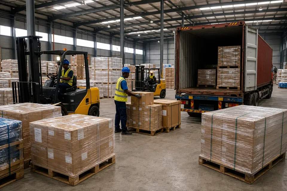 Entrepôt logistique avec palettes et consolidation de marchandises